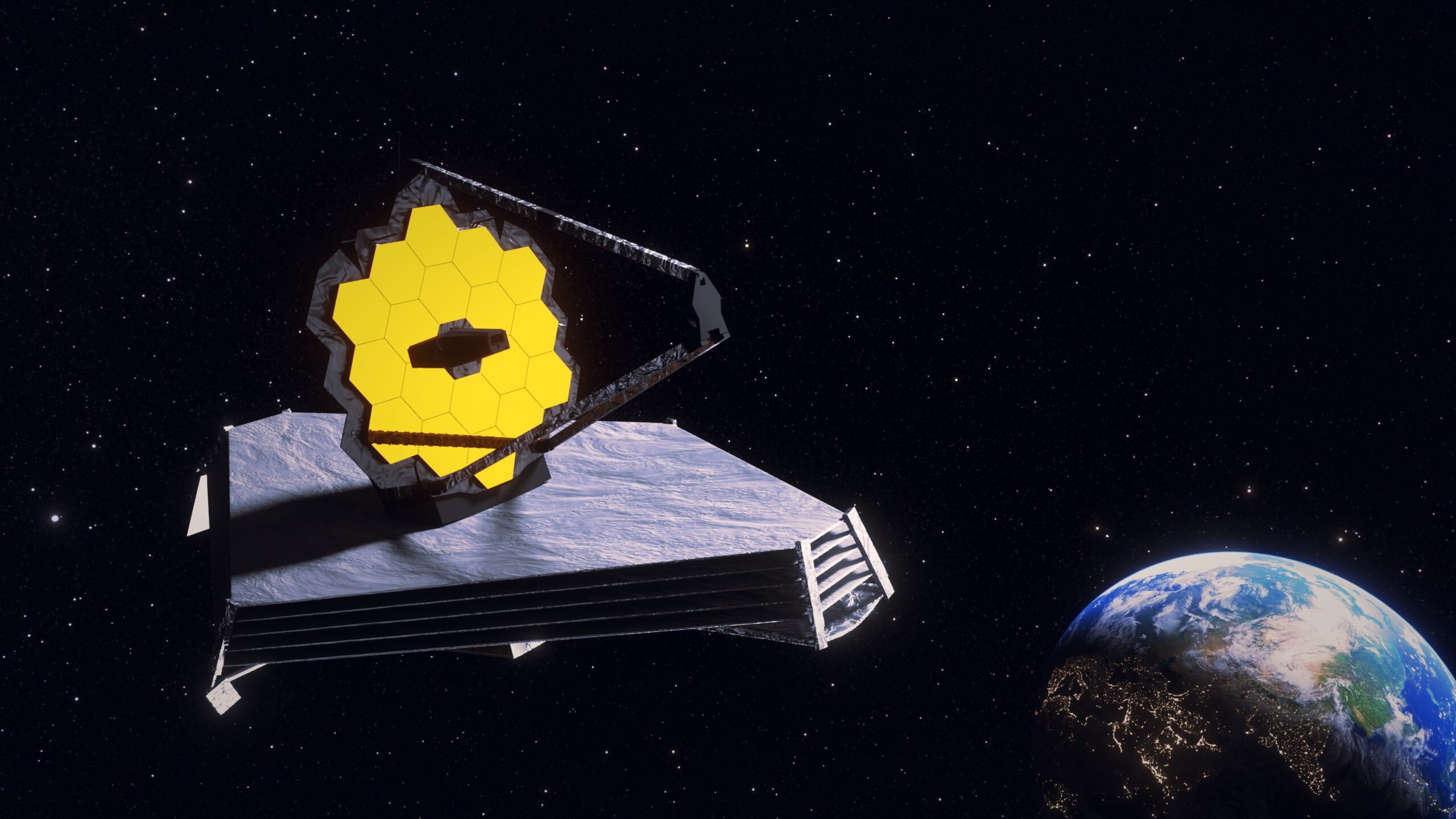 The James Webb Telescope seen in space with the Earth in the background
